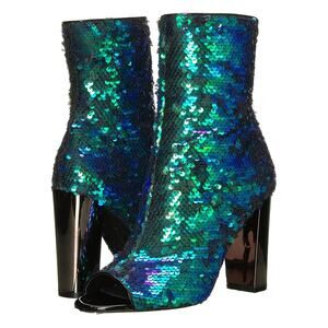 Jessica Simpson Elara Sequin Mermaid Blue Green High Heel Peep Toe Ankle Boot 6M